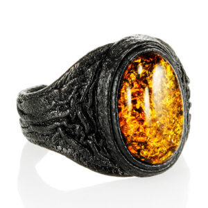 Leather-ring-with-large-sparkling-greenish-amber-3.jpeg Leather Ring with Large Sparkling Amber