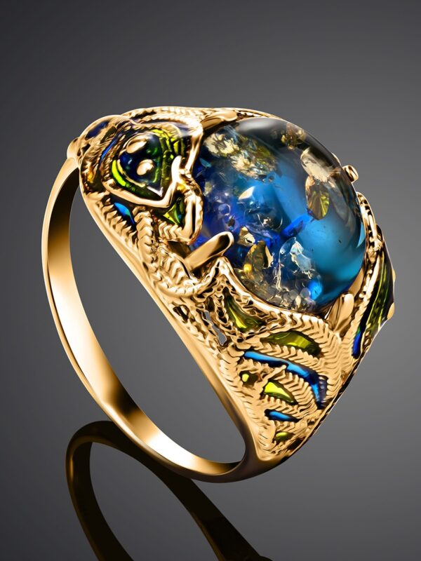 Luxurious Ring with Blue Amber "Peacock"